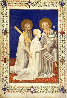 MS 11060-11061 John, Duc de Berry on his knees between St. Andrew and St. John, French, by Jacquemar
