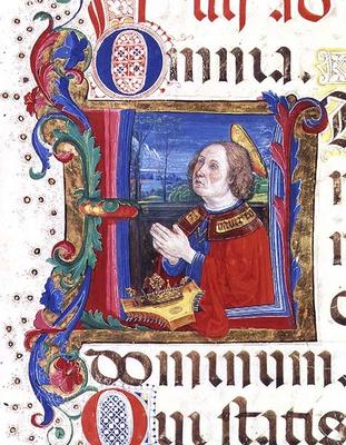 Ms 542 f.60r Historiated initial 'U' depicting King David praying from a psalter written by Don Appi à 