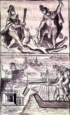 Ms Laur. Med. Palat. 220 f.471 (TtoB) Quauhtenco and Mayenatzin punishing traitors; the Spanish flee à 