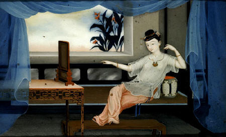 One Of A Pair Of Chinese Export Reverse Paintings On Glass Depicting A Lady Reclining On A Day Bed, à 