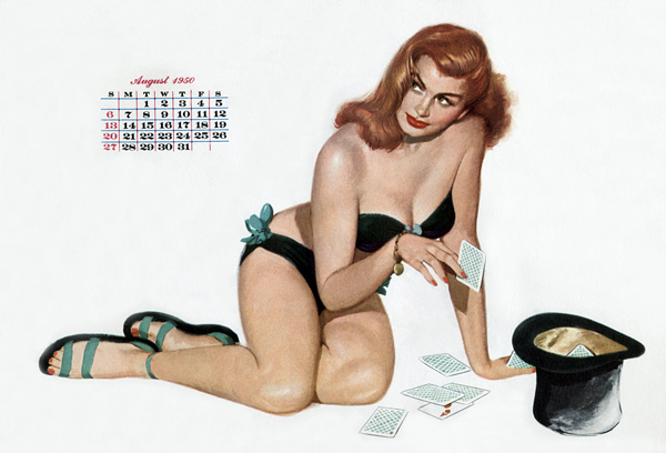 Pin up taking cards in a top hat, from Esquire Girl calendar à 