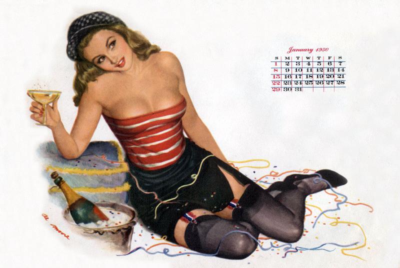 Pin Up celebrating new year with champagne, drawing by Al Moore from Esquire Girl calendar à 