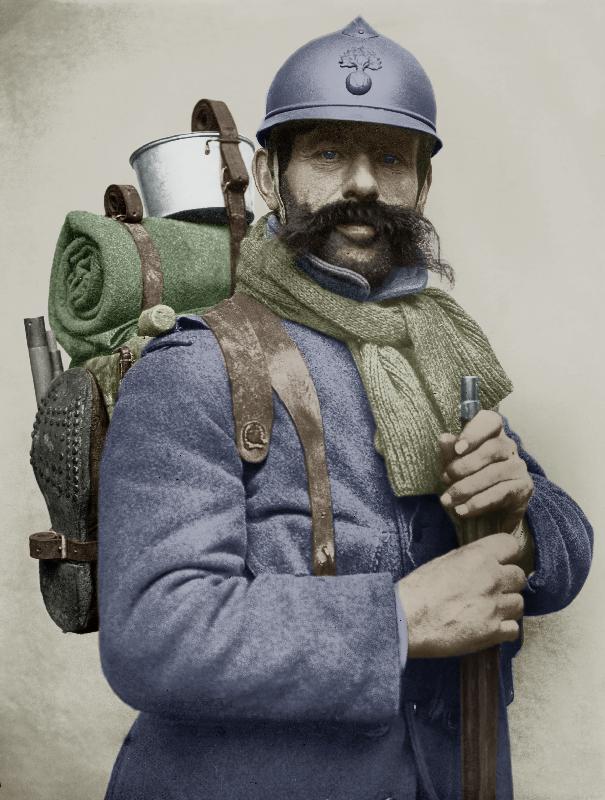 Portrait of a French soldier dressed with his sky blue military uniform and carrying a backpack, wit à 