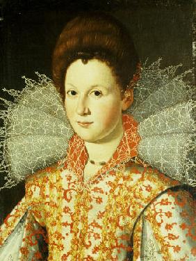 Portrait Of A Lady, Bust Length, Wearing An Embroidered Dress With Lace Ruff Collar
