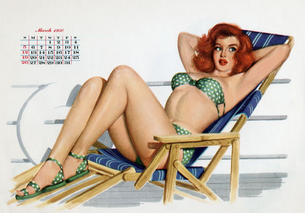 Pin up in bikini on a deckchair on a boat, tanning, from Esquire Girl calendar à 