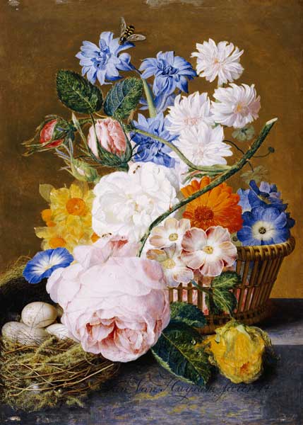 Roses, Morning Glory, Narcissi, Aster And Other Flowers In A Basket With Eggs In A Nest On A Marble à 