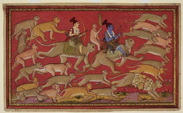 Rama bricht mit der Armee der Affen in den Süden zum Ozean auf. Er reitet auf Hanuman, während sein  à 