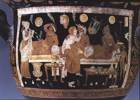 Red and white figure calyx crater: detail depicting banquet scene, Greek (pottery) (detail of 85012) à 
