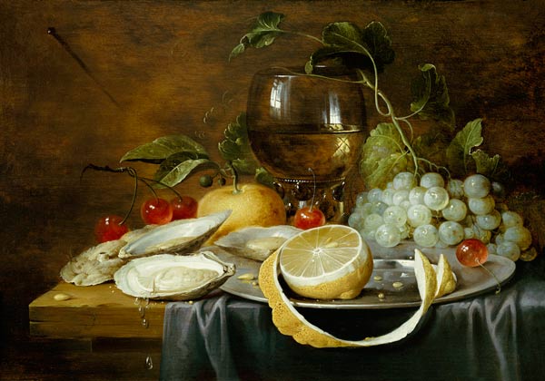 A Roemer, A Peeled Half Lemon On A Pewter Plate, Oysters, Cherries And An Orange On A Draped Table à 