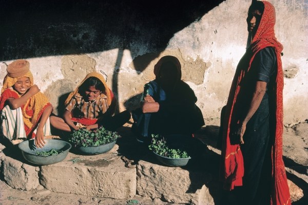 Sellers in vegetable market with typical dresses, Chorwad (photo)  à 