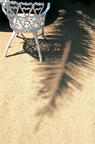 Shadow of coconut leaf straight below wrought-iron chair (photo)  à 