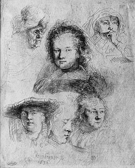 Six heads with Saskia van Uylenburgh (1612-42) in the centre à 