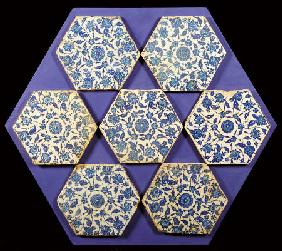 Seven Iznik Blue And White Hexagonal Pottery Tiles, Circa 1540