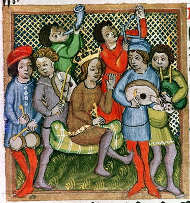 Seated crowned figure surrounded by musicians playing the lute, bagpipes, triangle, horn, viola and à 
