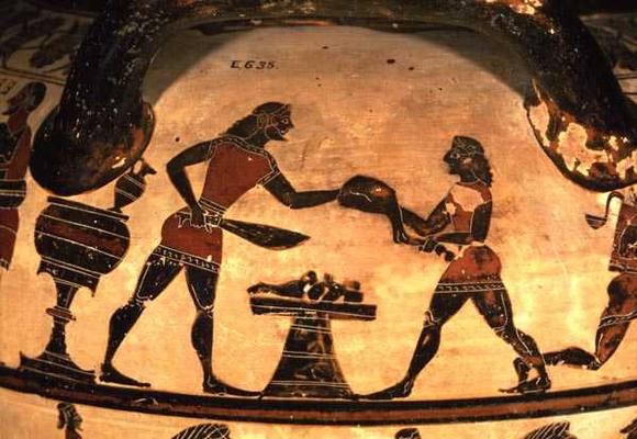 Servants Preparing Food for a Symposium, detail from an Early Corinthian black-figure column-krater, à 
