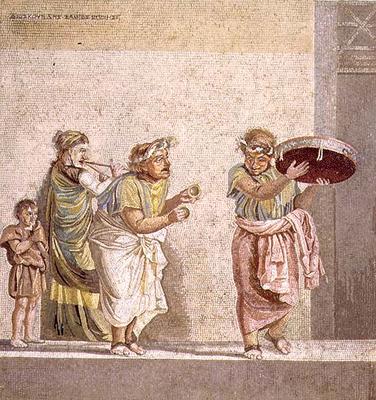 Strolling masked musicians, scene from a comedy play by Dioskourides of Samos (2nd century BC), foun à 