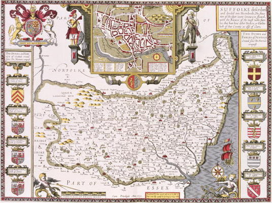 Suffolk and the situation of Ipswich, engraved by Jodocus Hondius (1563-1612) from John Speed's 'The à 