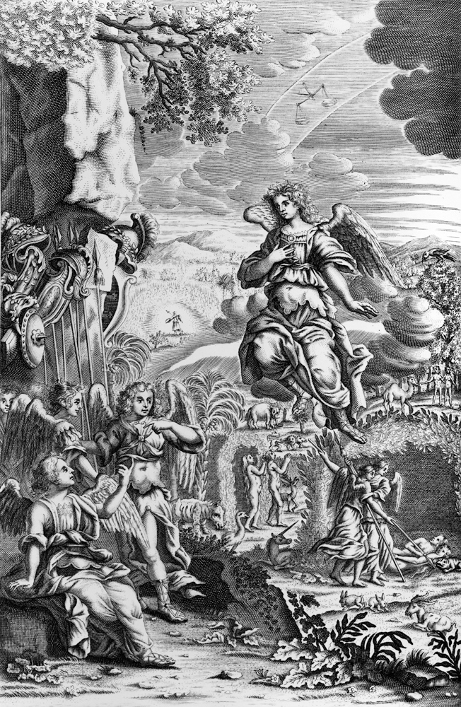The archangel Uriel informs Gabriel that Satan is in the Garden of Eden, illustration from ''Paradis à 