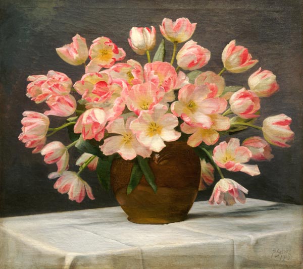 Tulips In A Vase On A Draped Table à 