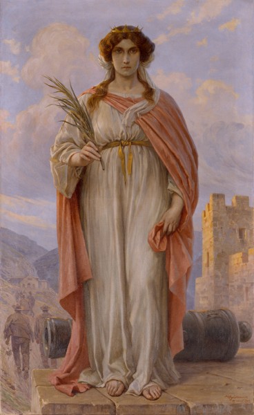 The saint and martyr, with the palm branch in her hand, a cannon behind her à 