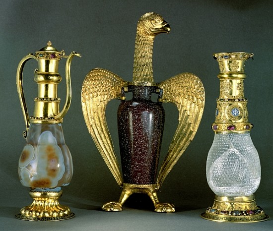 Three liturgical vessels incorporating antique vessels of sardonyx, porphyry and crystal set in 12th à 