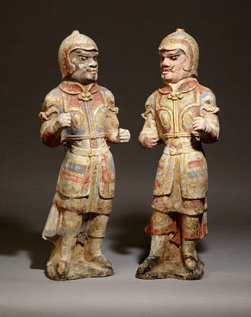 Two Very Rare Gilt And Polychrome Painted Pottery Figures Of Warriors à 