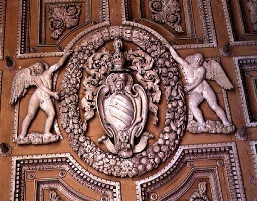 The 'Galleria', detail of stucco ceiling decorated with the coat of arms of the Sacchetti marquises, à 