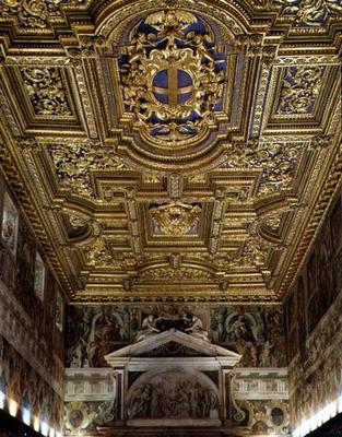 The 'Sala Regia' (Royal Hall) detail of the gilt stuccoed ceiling with frescos by Agostino Tassi (c. à 