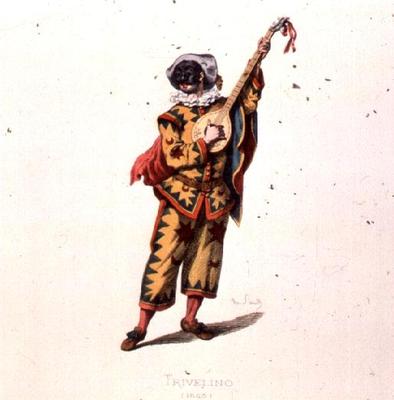 Trivelino, Character from the Commedia dell'Arte, by Sand, 19th century (coloured engraving) (see al à 
