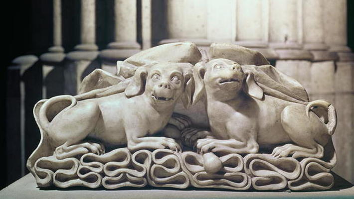 Two dogs seated on folds of a tomb, 12th century (marble) à 