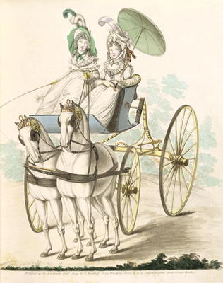 Two ladies, en negligee, taking an airing in a phaeton, from Nikolaus Heideloff's Gallery of Fashion à 