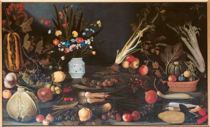 Vase wild flowers bunch basket fruit apples pears peaches lemons pumpkins grapes foliage onions sala à 