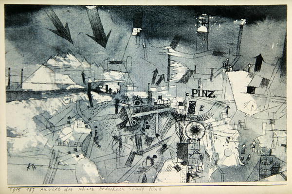 View of the severely threatened city of Pintz, 1915 (no 187) (pen and w/c on paper on cardboard)  à 