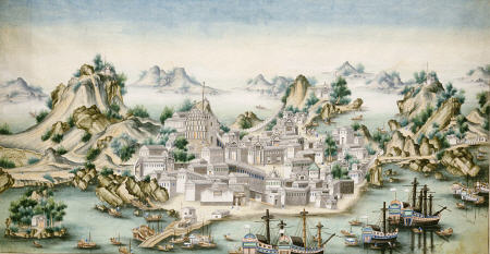 View Of Macao, Looking East With European Figures And Shipping In The Foreground à 