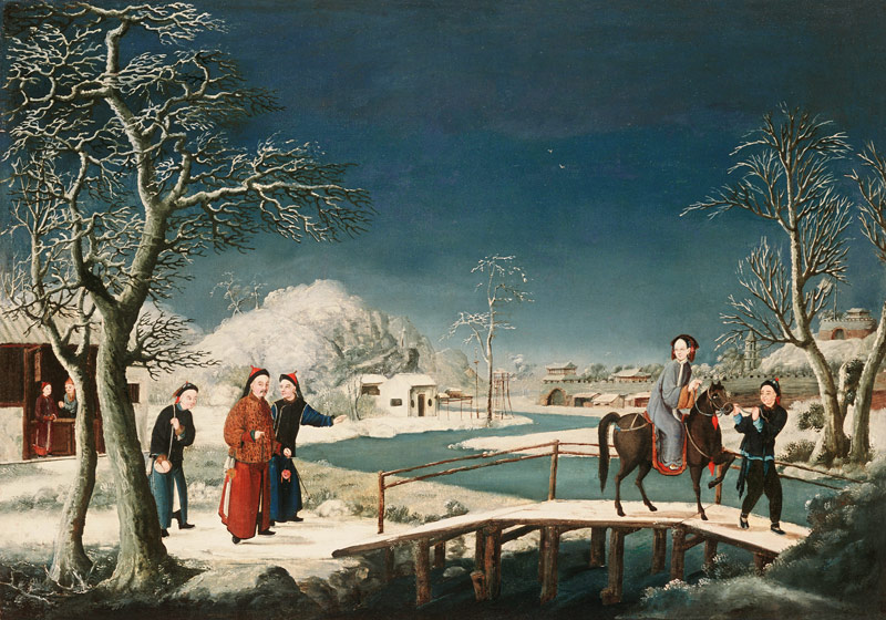 Winter: A Frozen River Landscape With A Lady On A Horse Crossing A Bridge à 