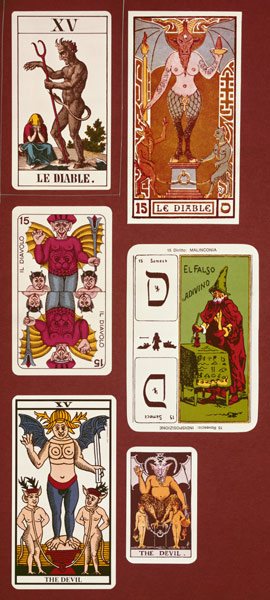 XV The Devil, six tarot cards from different packs à 