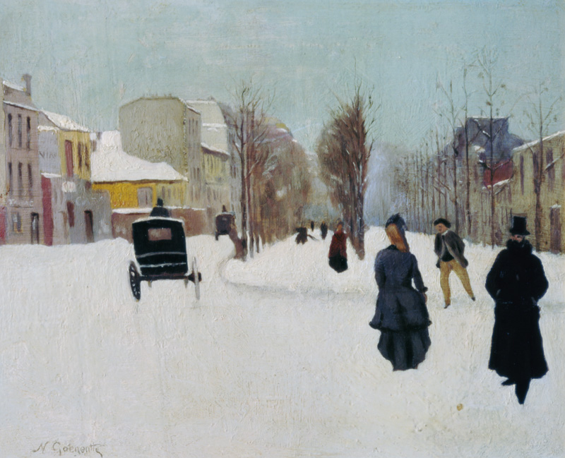 French street scene with snow (oil on metal) à Norbert Goeneutte