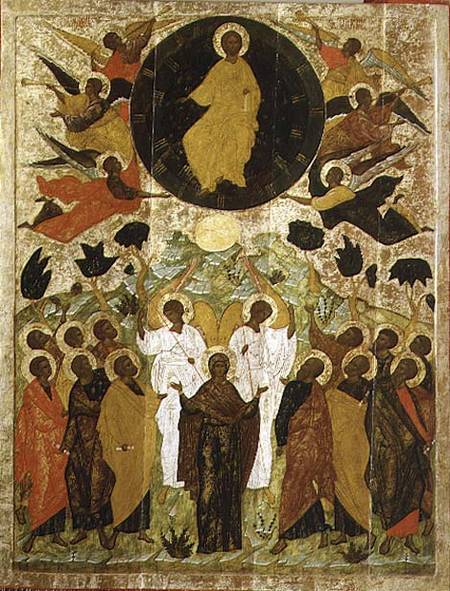 The Ascension of Our Lord, Russian icon from the Malo-Kirillov Monastery, Novgorod School à École de Novgorod