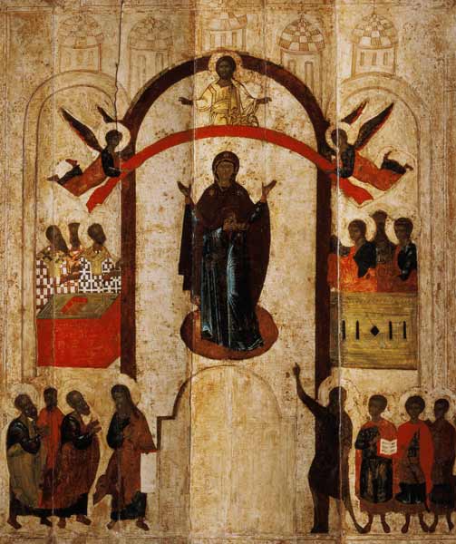 The Protection of the Theotokos (Mother of God) Russian icon from the Zverin Monastery à École de Novgorod