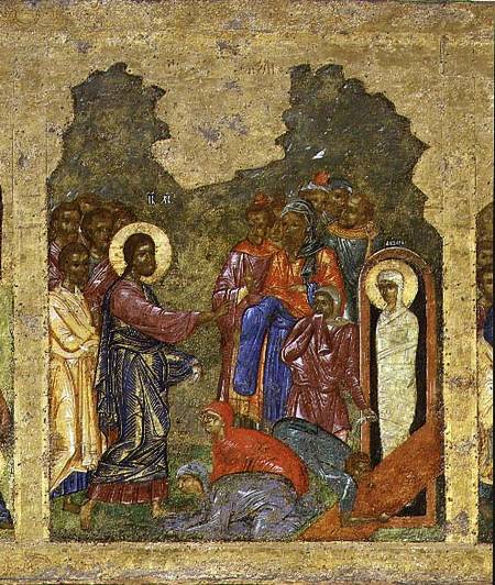 The Raising of Lazarus, Russian icon from the iconostasis in the Cathedral of St. Sophia à École de Novgorod