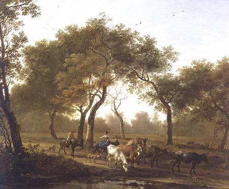 Two peasants with a herd of cattle on a wooded path leading to a lake à N.P. Both