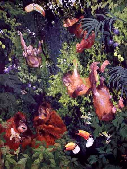 Orangutangs and Toucans, 1998 (inks, acrylics and pencil crayon on canvas)  à Odile  Kidd