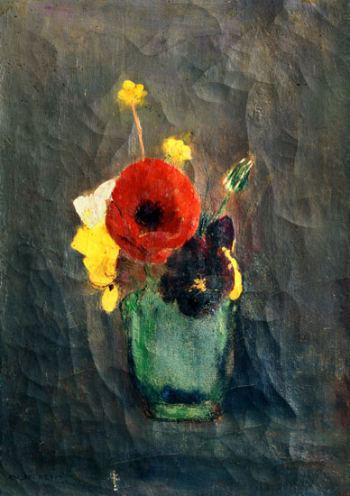 Botte de fleurs avec des coquelicots dans un vase vert à Odilon Redon