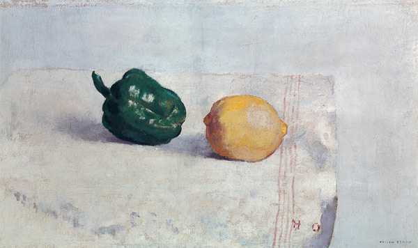 Pepper and Lemon on a White Tablecloth à Odilon Redon