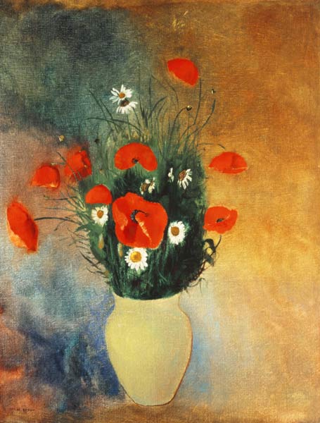Vase avec des fleurs des coquelicots et des marguerites à Odilon Redon