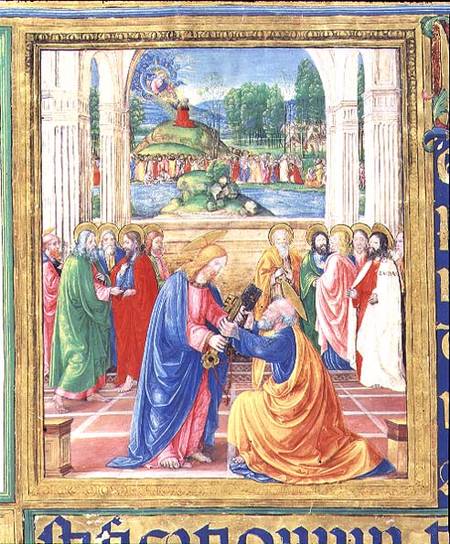 Ms 542 f.3v Christ giving the keys to St. Peter, in the background God delivers the Tablets of the L à or di Giovanni Monte del Fora