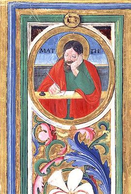 Ms 542 f.3v St. Matthew writing the first gospel from a psalter written by Don Appiano from the Chur à or di Giovanni Monte del Fora