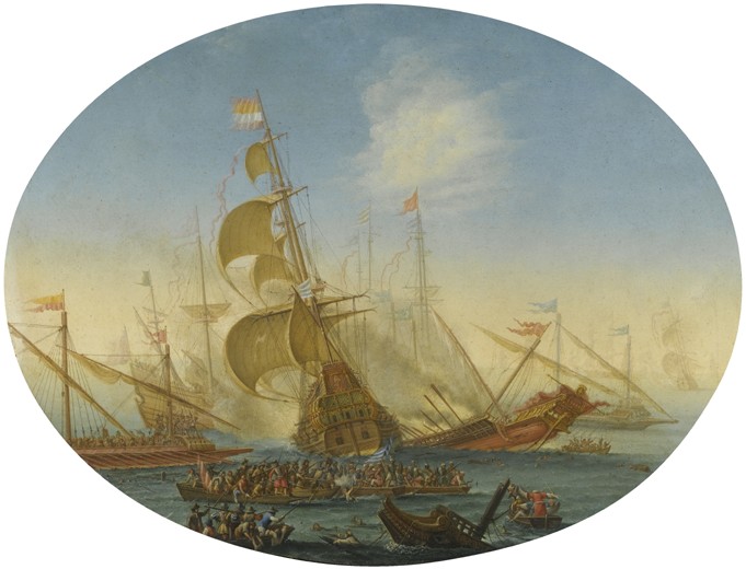 A naval battle between Turks and Christians à Orazio Grevenbroeck