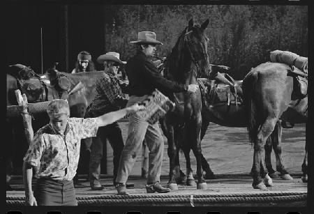 Gregory Peck with horse on the set of Mackennas Gold