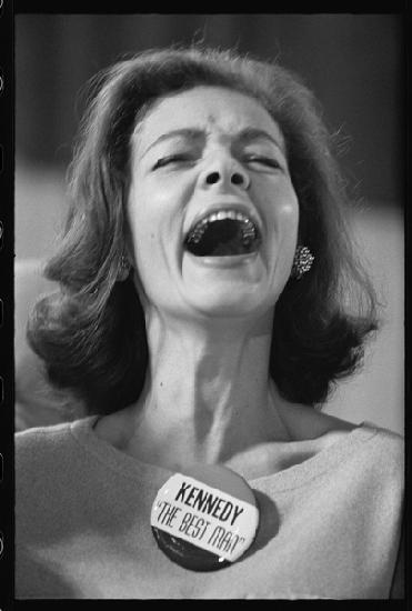 Lauren Bacall wearing Kennedy The Best Man pin badge on election night